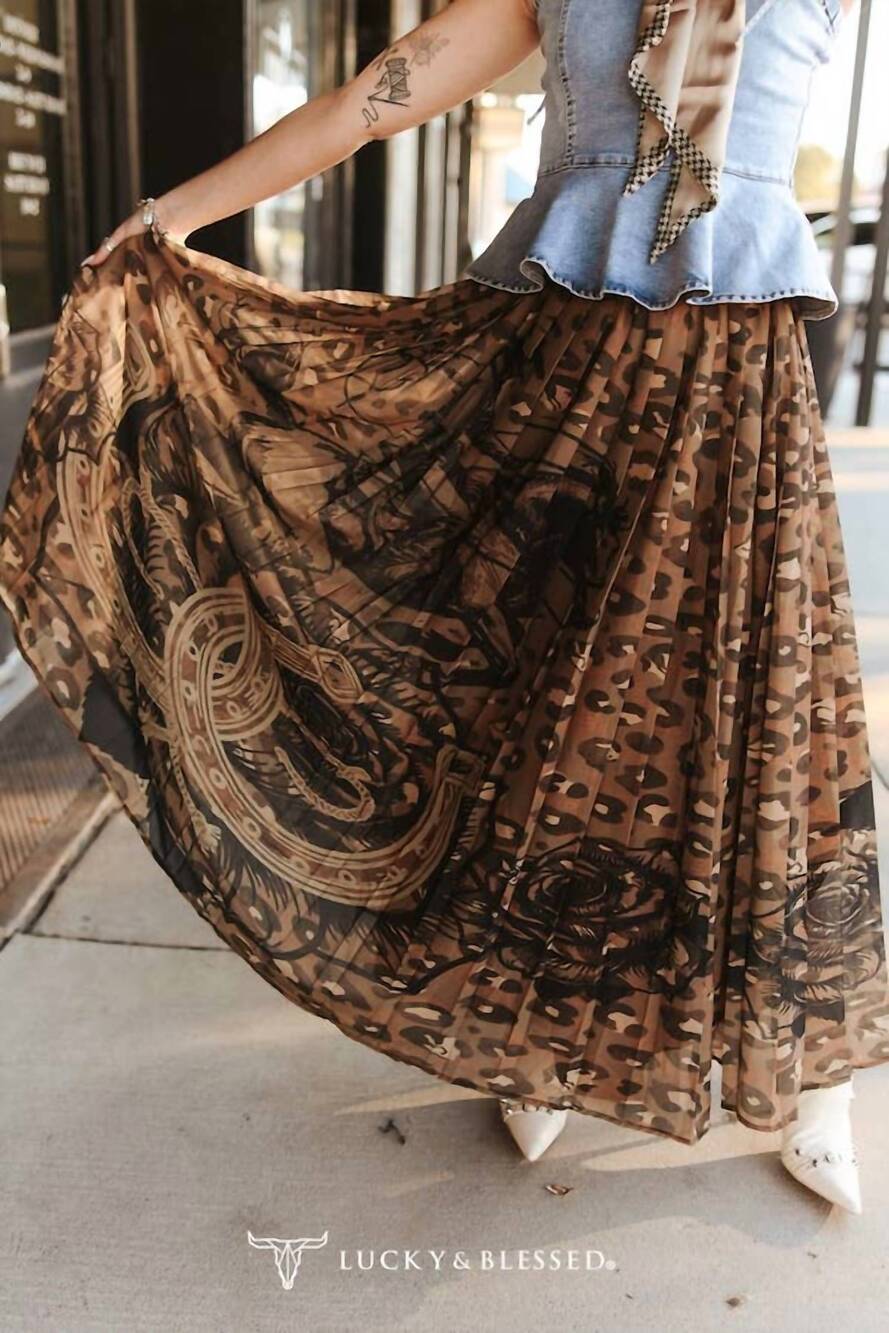NEW LUCKY & BLESSED western print sheer maxi skirt in rich brown leopard